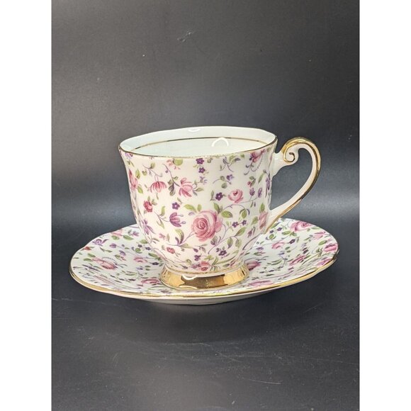 Windsor Chintz Teacup and Saucer Pink Roses Fine Bone China Gold Trim Vintage - Picture 1 of 10